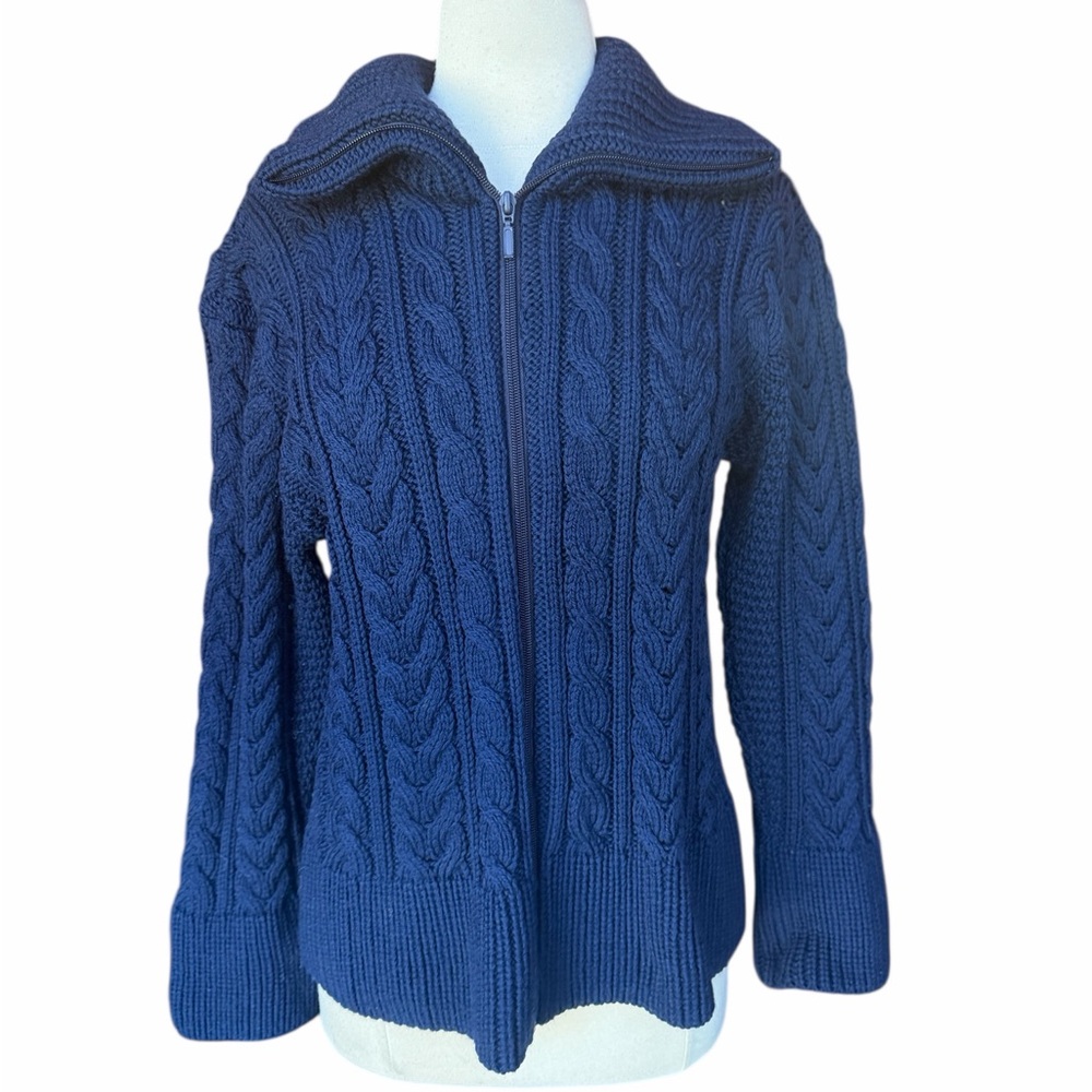1980s/90s Peregrine G Glover Made in‎ England 100% Wool Navy Full-Zip Aran Cable